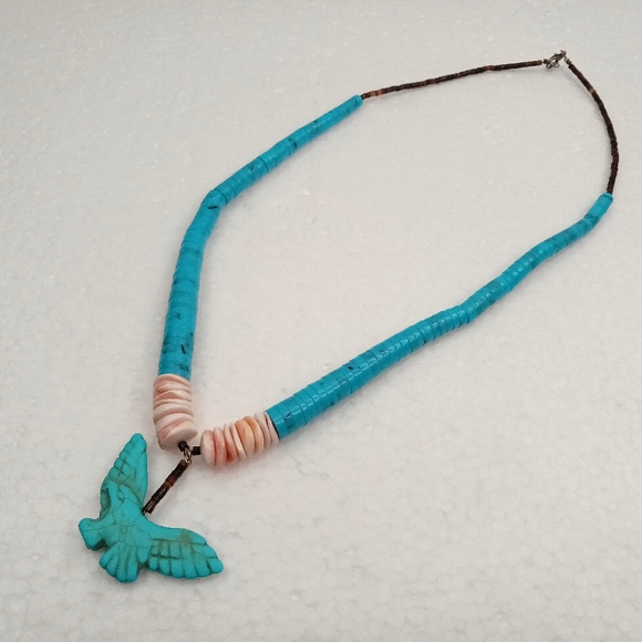 Native American Jewelry - VTG Navajo Necklace Eagle Pendant Reconstituted Turquoise Graduated Discs 24"
